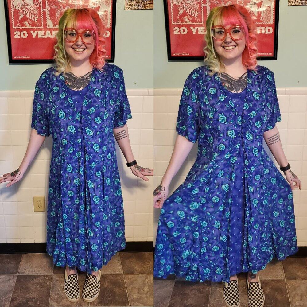 Vintage 90s Blue Floral Corset Back Short Sleeve A Line Maxi Dress Women's 20